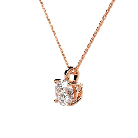A rose gold necklace with a single solitaire pendant featuring a clear round-cut gemstone, shown against a solid light beige background.