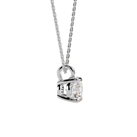 A silver necklace with a box-shaped pendant holding a clear rectangular gemstone, shown against a soft beige background.