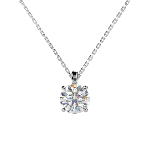 A round brilliant-cut diamond pendant necklace on a delicate silver chain, set against a solid pale pink background.