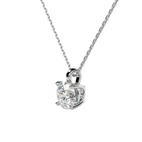 A classic solitaire diamond pendant necklace in a four-prong setting on a delicate silver chain, presented on a soft beige background.