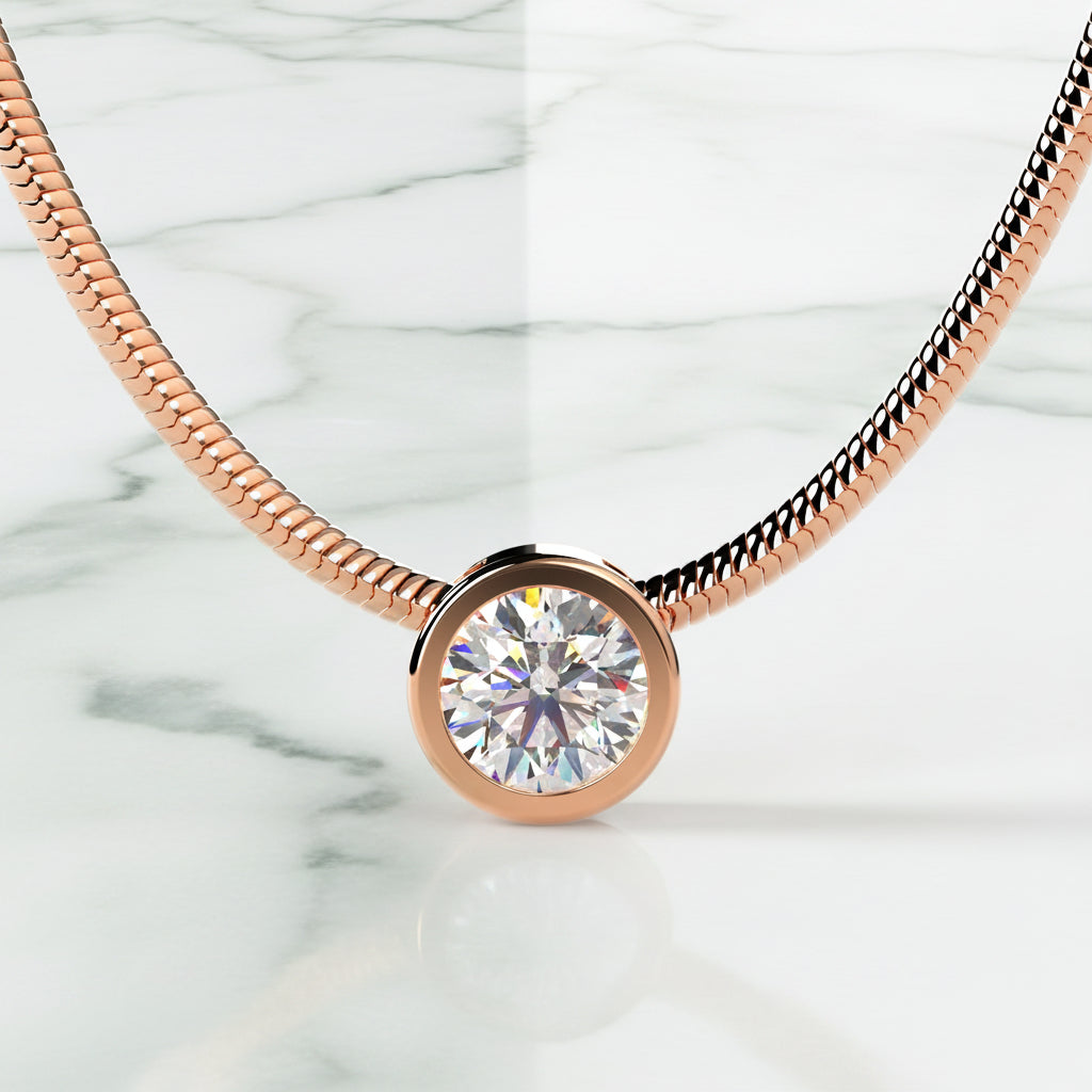 Rose gold necklace with a diamond pendant on a light beige background