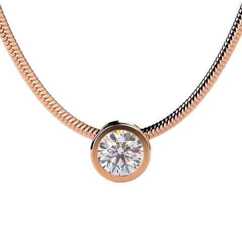 A round-cut clear gemstone pendant set in a rose gold bezel, suspended from a textured rose gold snake chain against a light beige background.