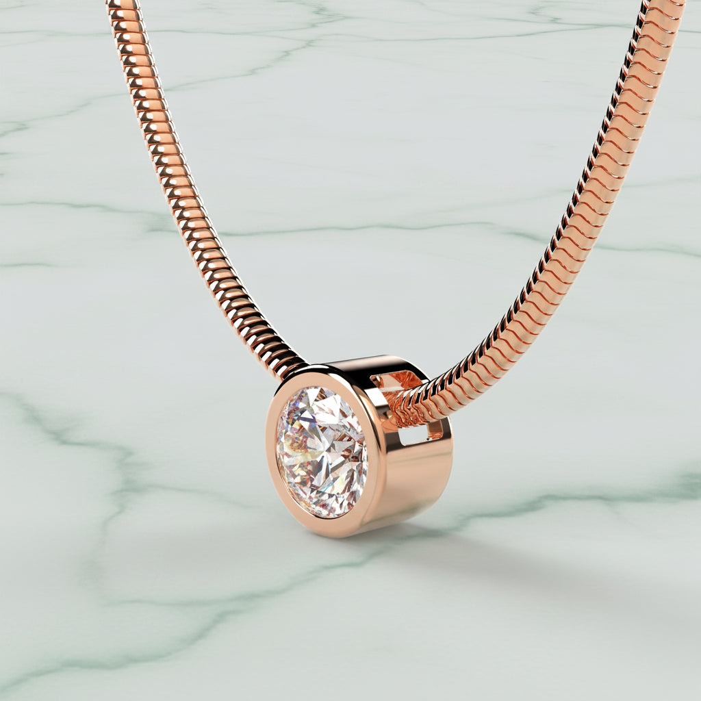 Rose gold necklace with a diamond pendant on a light beige background