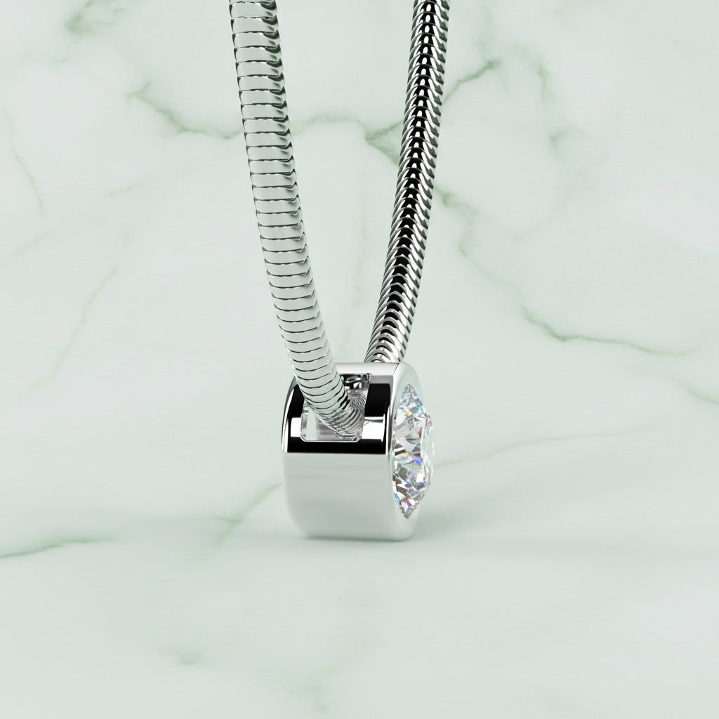 Silver necklace with a hexagonal pendant on a beige background