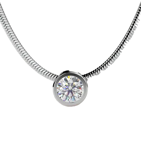 A silver snake chain necklace with a round bezel-set clear gemstone pendant, shown against a solid light beige background.