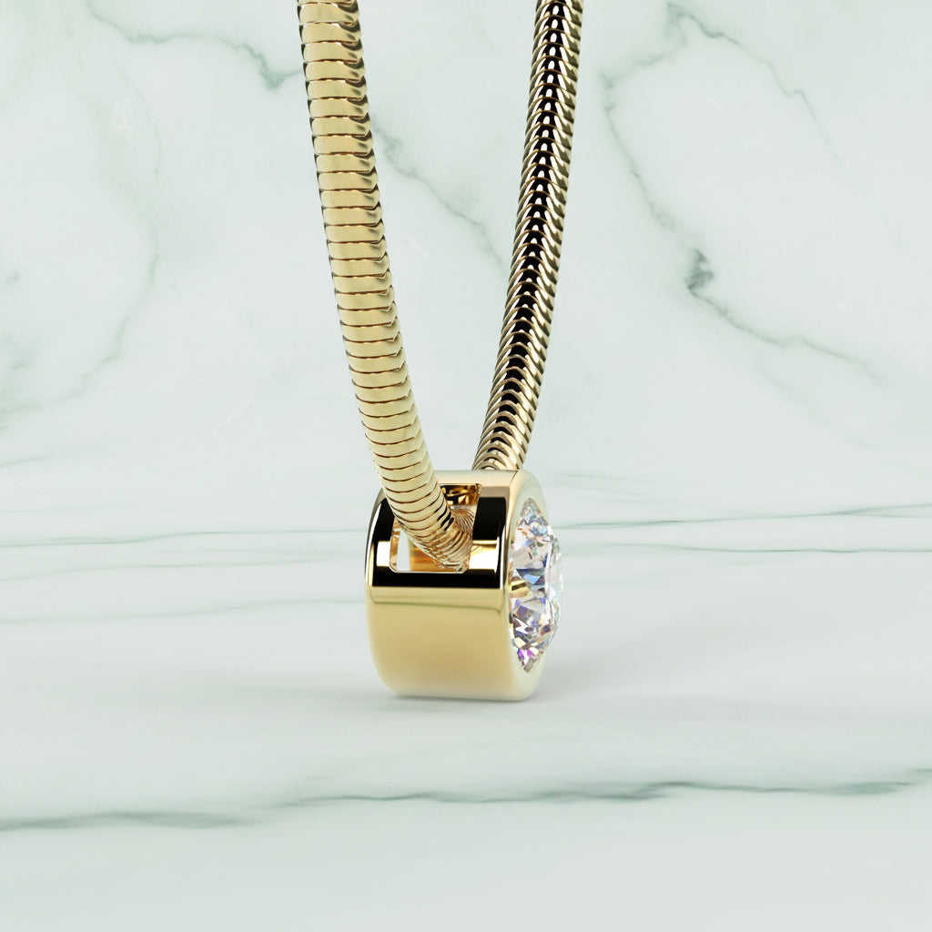 Gold necklace with a hexagonal pendant on a light beige background