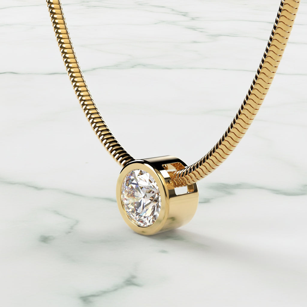 Gold necklace with a diamond pendant on a beige background