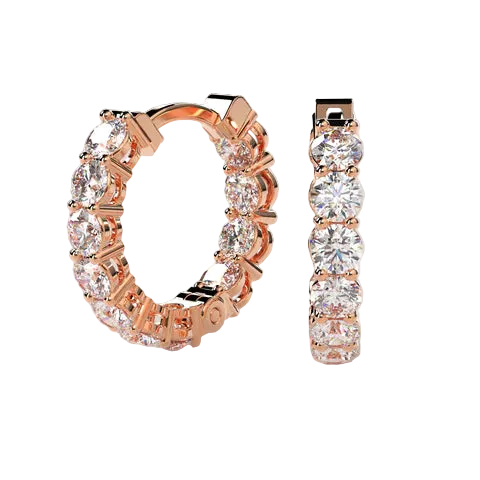Rose gold hoop earrings with a row of clear round-cut gemstones, shown from both front and side angles on a light beige background.