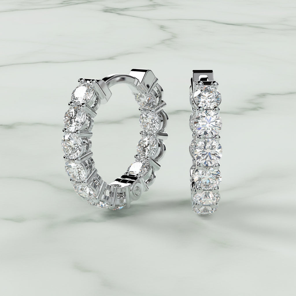 Diamond hoop earrings on a light beige background
