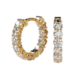 A pair of gold hoop earrings with a row of clear round-cut gemstones, shown from two angles on a light beige background.