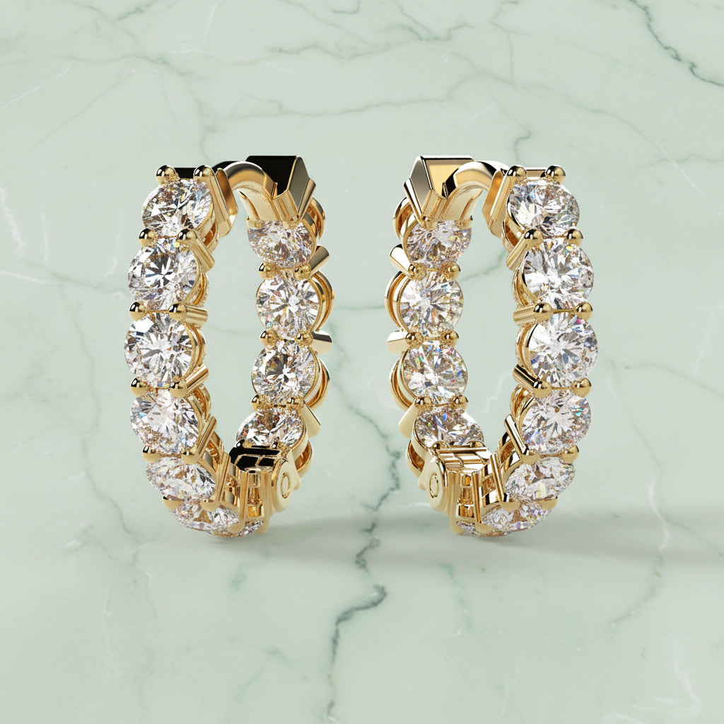 Gold hoop earrings with clear gemstones on a beige background
