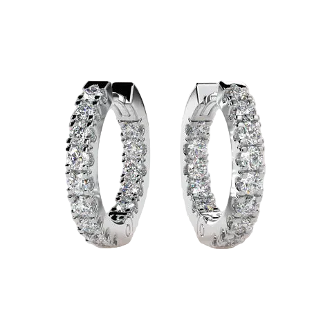 A pair of silver hoop earrings paved with clear cubic zirconia stones, displayed on a light beige background.