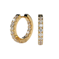 A pair of gold huggie hoop earrings adorned with clear pavé gemstones, shown from both a front-facing and side profile view against a soft beige background.
