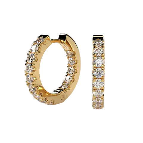 A pair of gold huggie hoop earrings adorned with clear pavé gemstones, shown from both a front-facing and side profile view against a soft beige background.