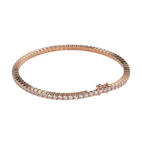 A rose gold tennis bracelet with a continuous line of small clear stones, featuring a bow-shaped clasp, shown on a neutral beige background.