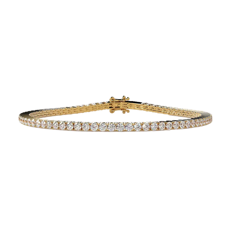 A yellow gold tennis bracelet with a continuous row of round-cut clear gemstones, displayed on a light beige background.