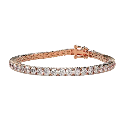 A rose gold tennis bracelet with a single row of round-cut clear gemstones, displayed on a neutral beige background.