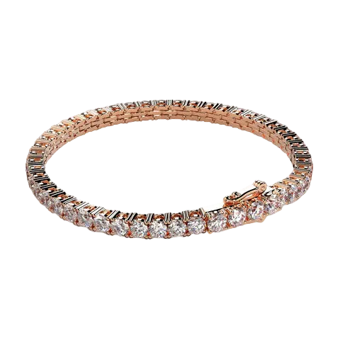A rose gold tennis bracelet with a continuous row of round-cut clear gemstones, displayed on a neutral beige background.