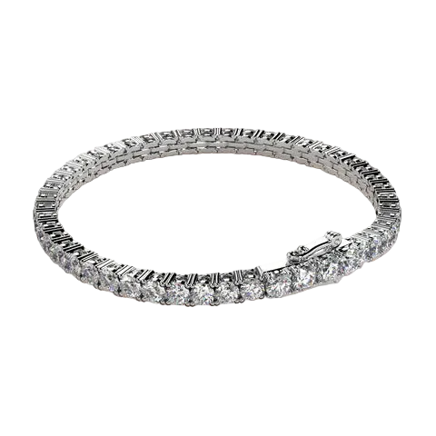A diamond tennis bracelet with baguette and round-cut stones in a silver-toned setting, displayed on a soft beige background.