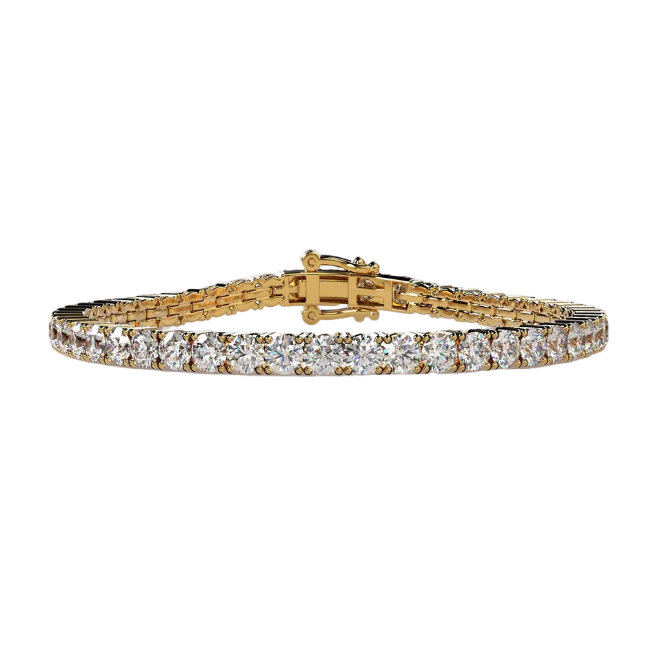 A yellow gold tennis bracelet featuring a continuous row of round-cut clear gemstones, displayed against a solid light beige background.