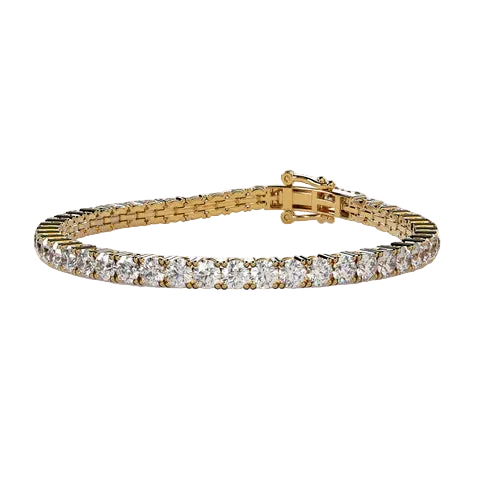A yellow gold tennis bracelet featuring a continuous row of round-cut clear gemstones in a prong setting, displayed on a light beige background.
