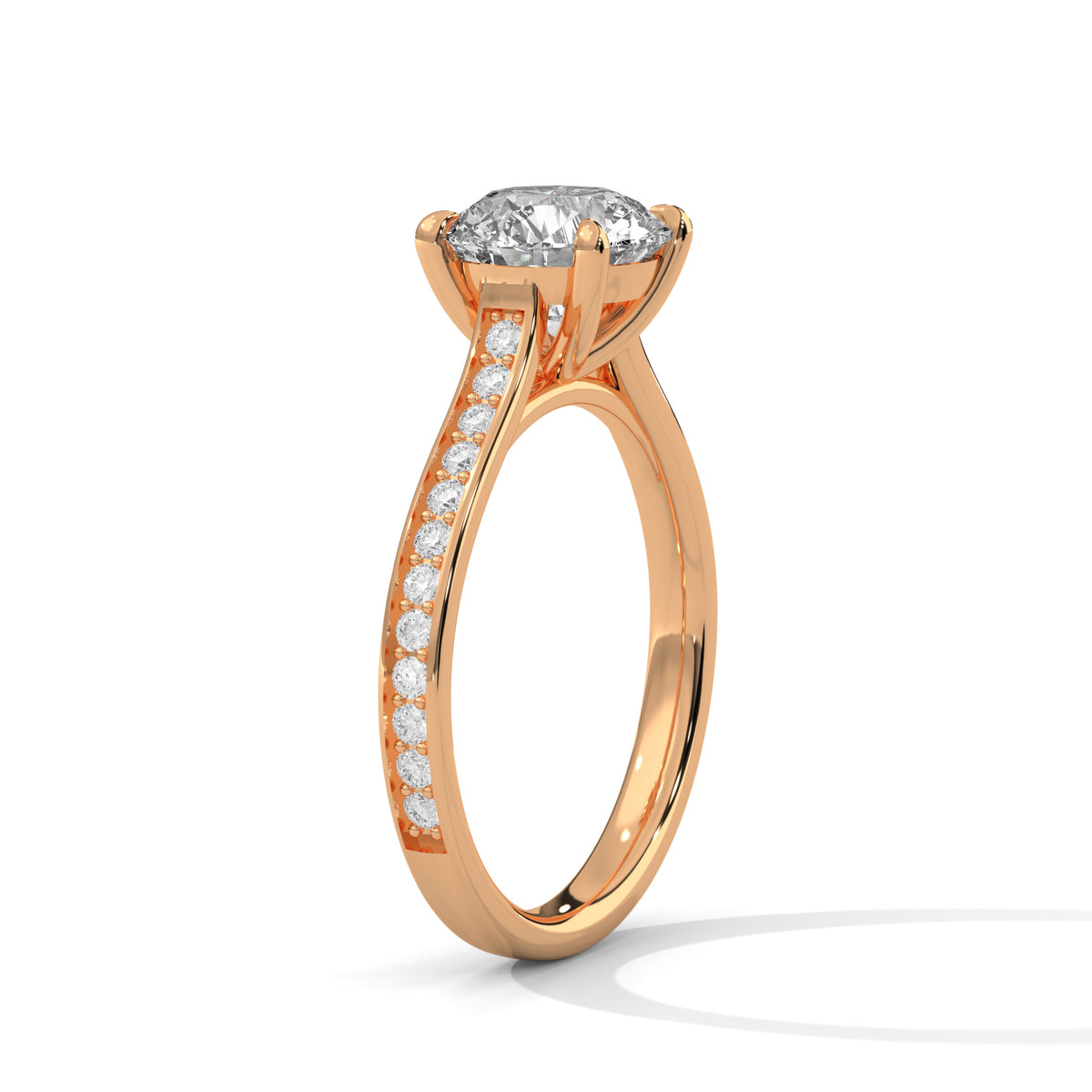 Rose gold ring with a diamond on a white background