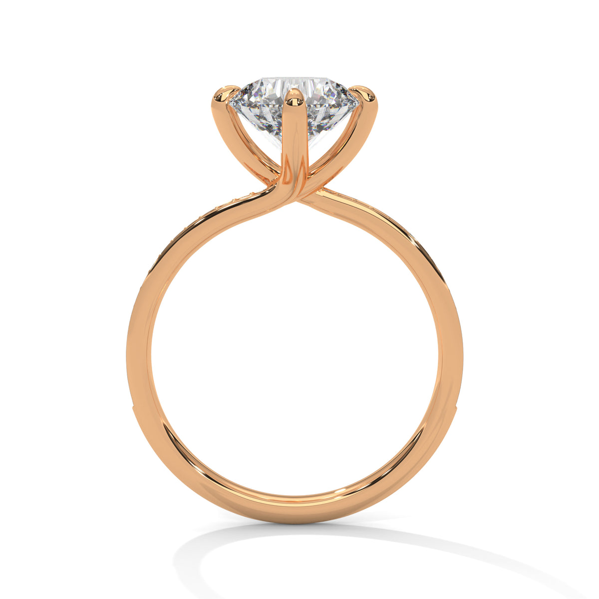Rose gold ring with a diamond on a white background