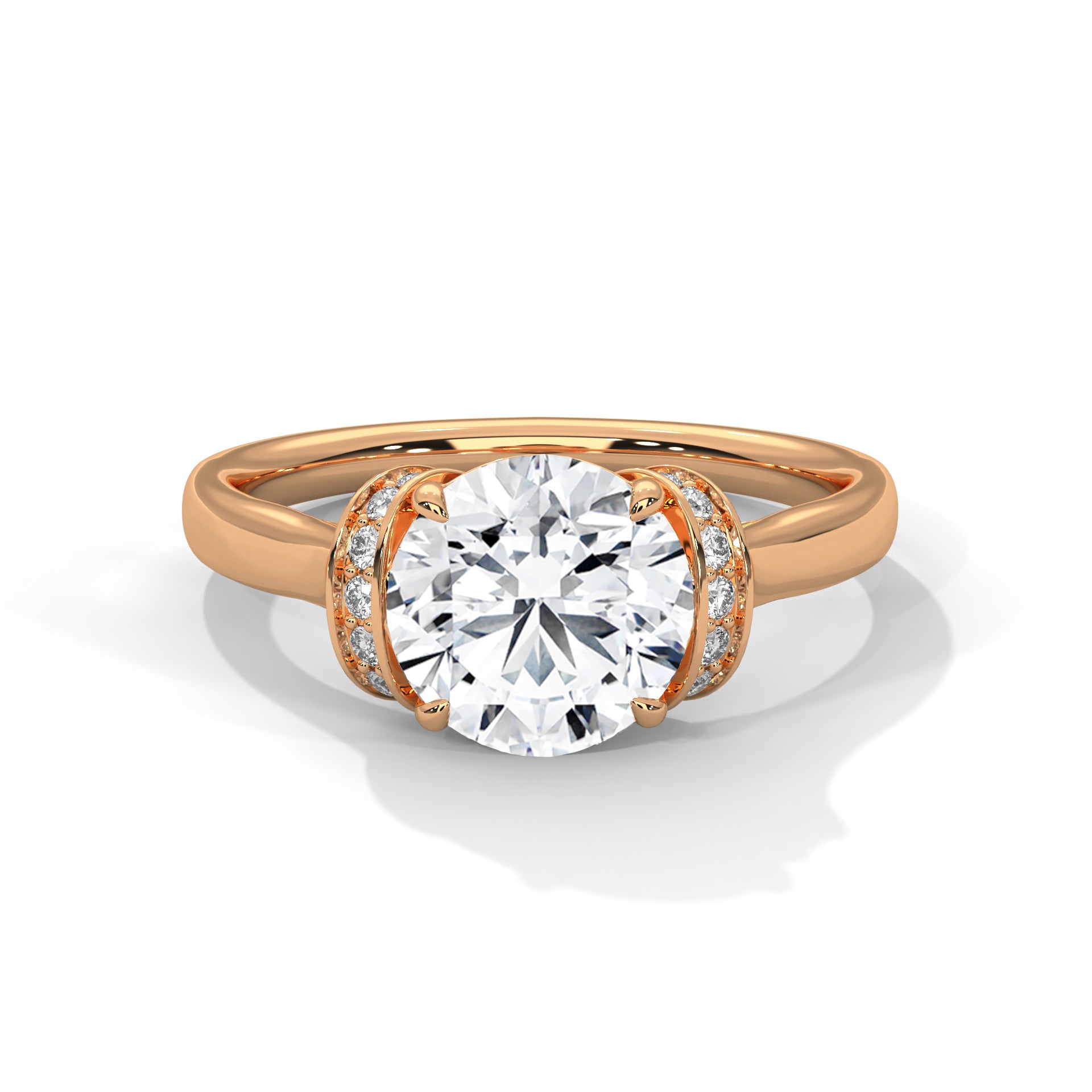 Rose gold ring with a large diamond and smaller diamonds on the shoulders against a white background