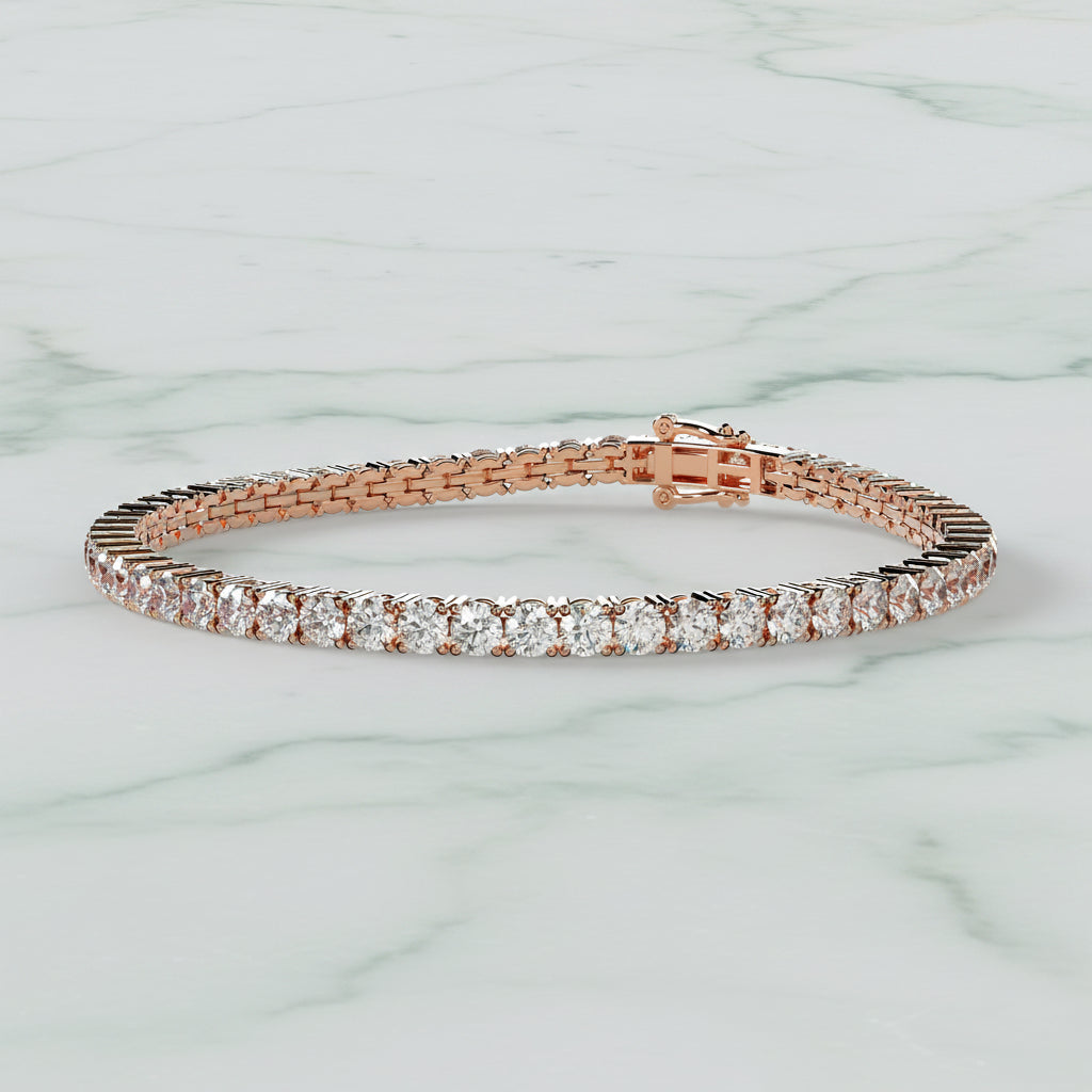Rose gold bracelet with clear gemstones on a beige background