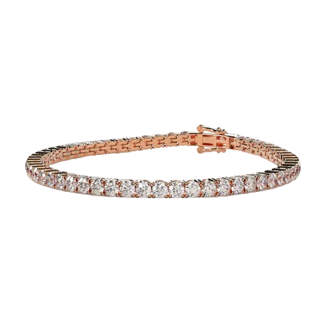 A rose gold tennis bracelet with a row of clear round-cut gemstones, displayed on a solid light beige background.