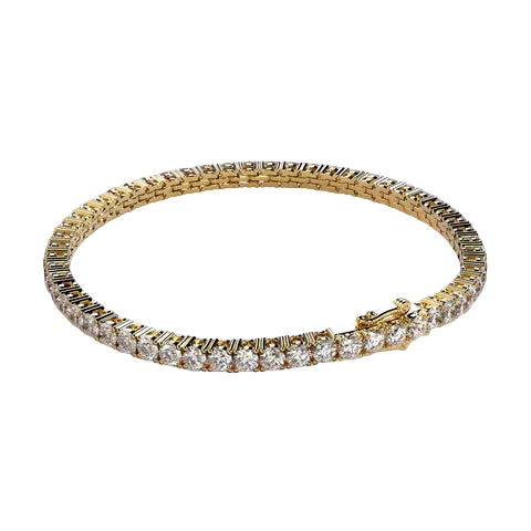 A yellow gold tennis bracelet set with clear round-cut gemstones, displayed on a light beige background.