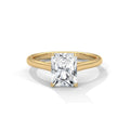 Rose gold ring with a clear gemstone on a white background