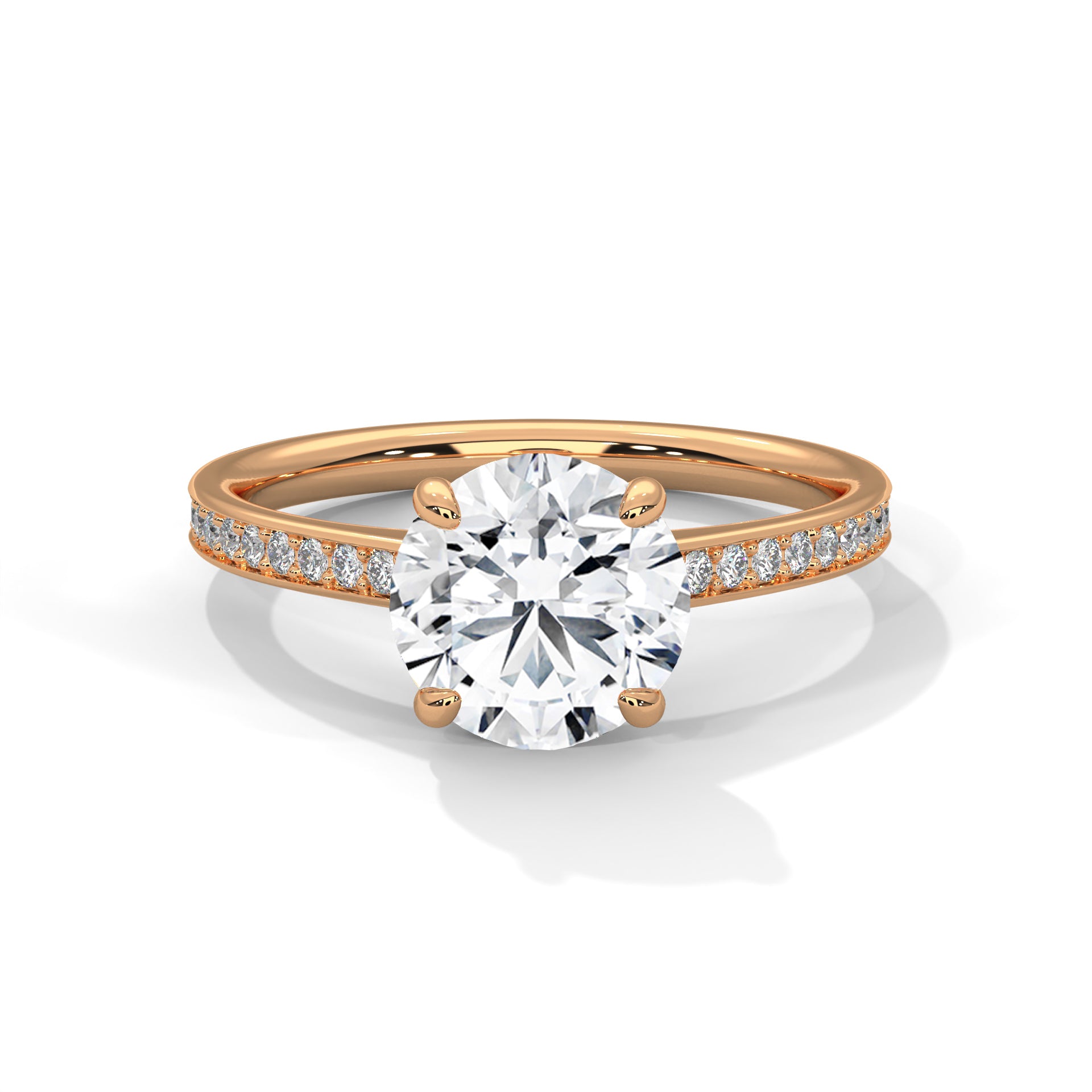 Rose gold ring with a large diamond and smaller diamonds on the band against a white background