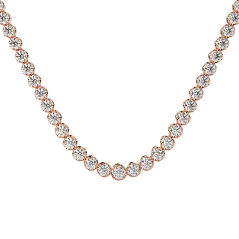 A close-up of a rose gold tennis necklace with round-cut clear gemstones, displayed against a solid pale beige background.