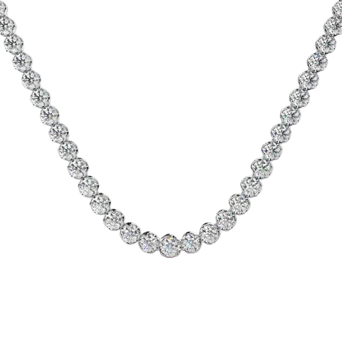 A close-up of a diamond tennis necklace on a soft beige background.