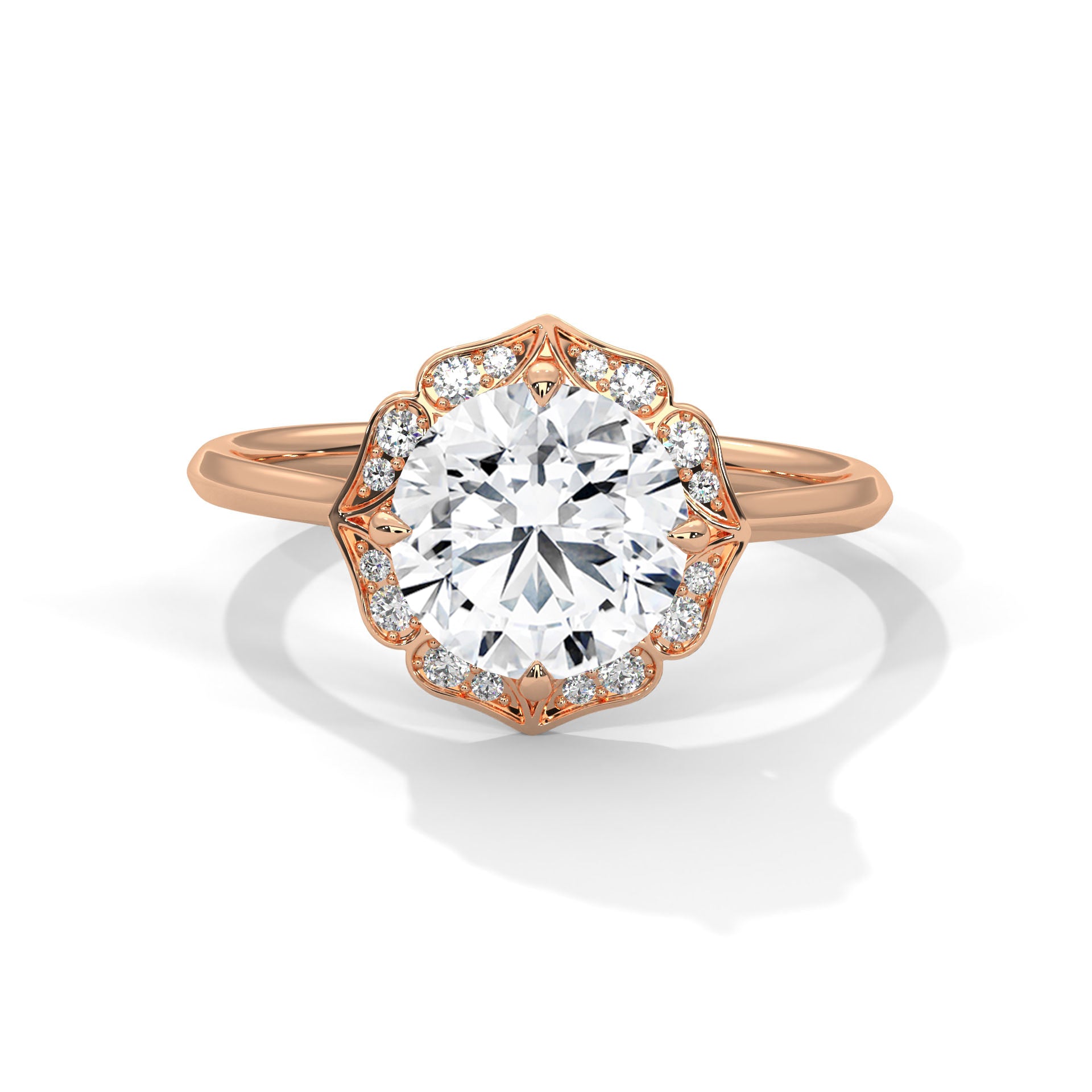 Rose gold ring with a large diamond and smaller diamonds on the band against a white background