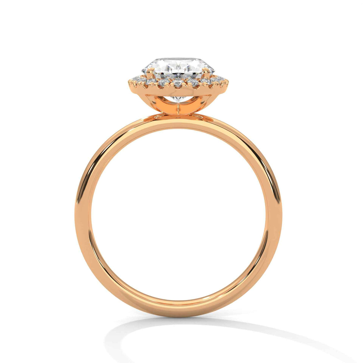 Rose gold ring with a diamond on a white background
