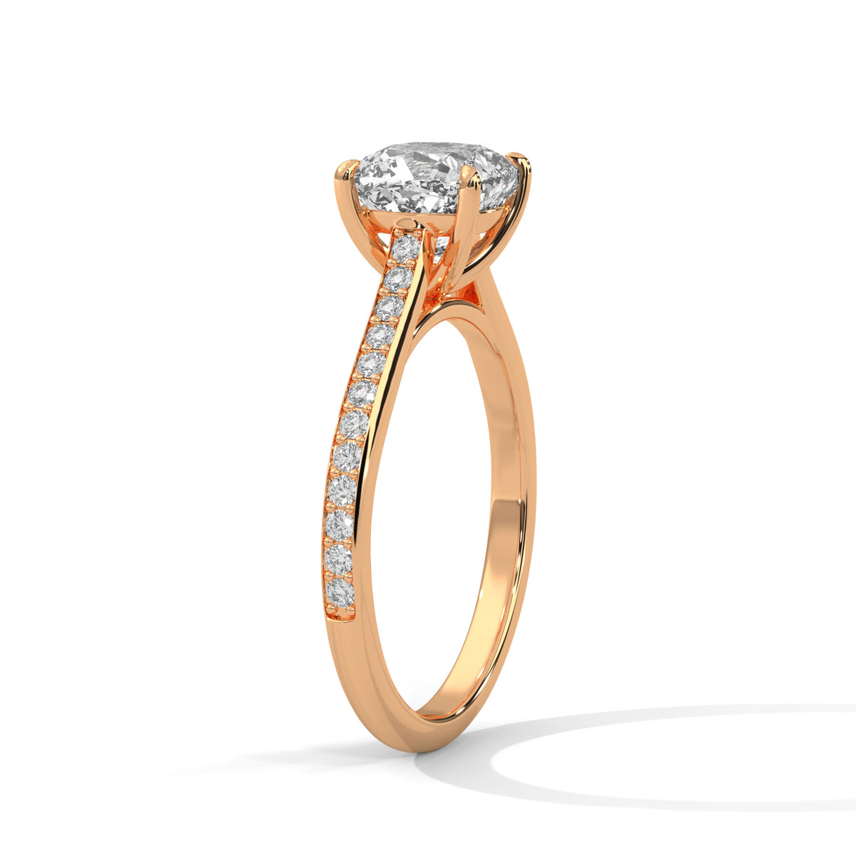 Rose gold ring with a diamond on a white background