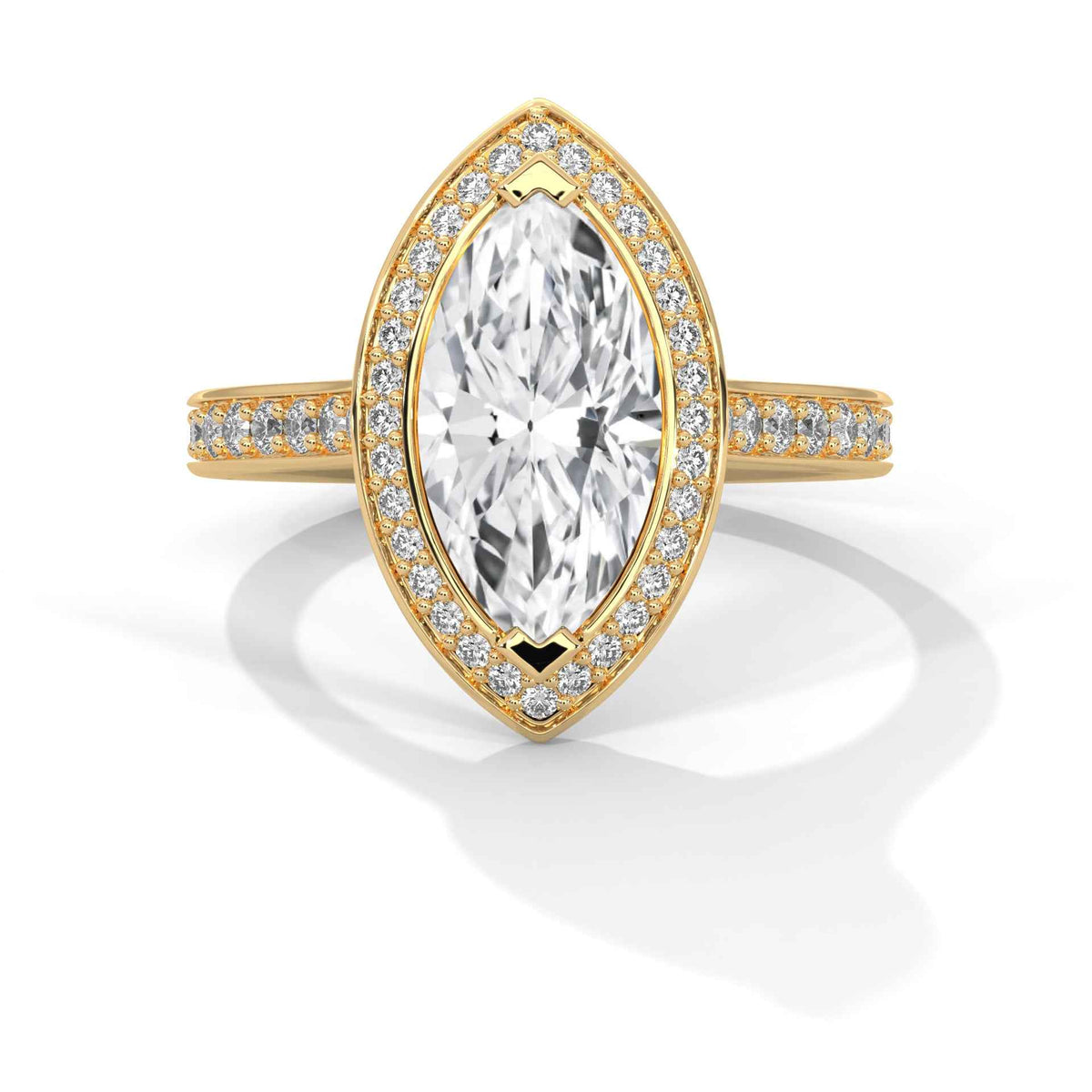 A yellow gold marquise-cut diamond ring with a halo of smaller diamonds and a pavé band, shown on a clean white background with a soft shadow.