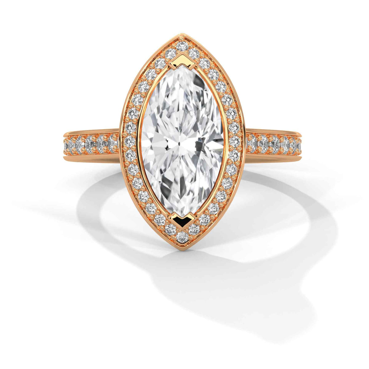 A rose gold ring featuring a marquise-cut diamond center stone surrounded by a halo of smaller diamonds, with a pavé band set with additional diamonds, shown on a clean white background with a soft shadow.