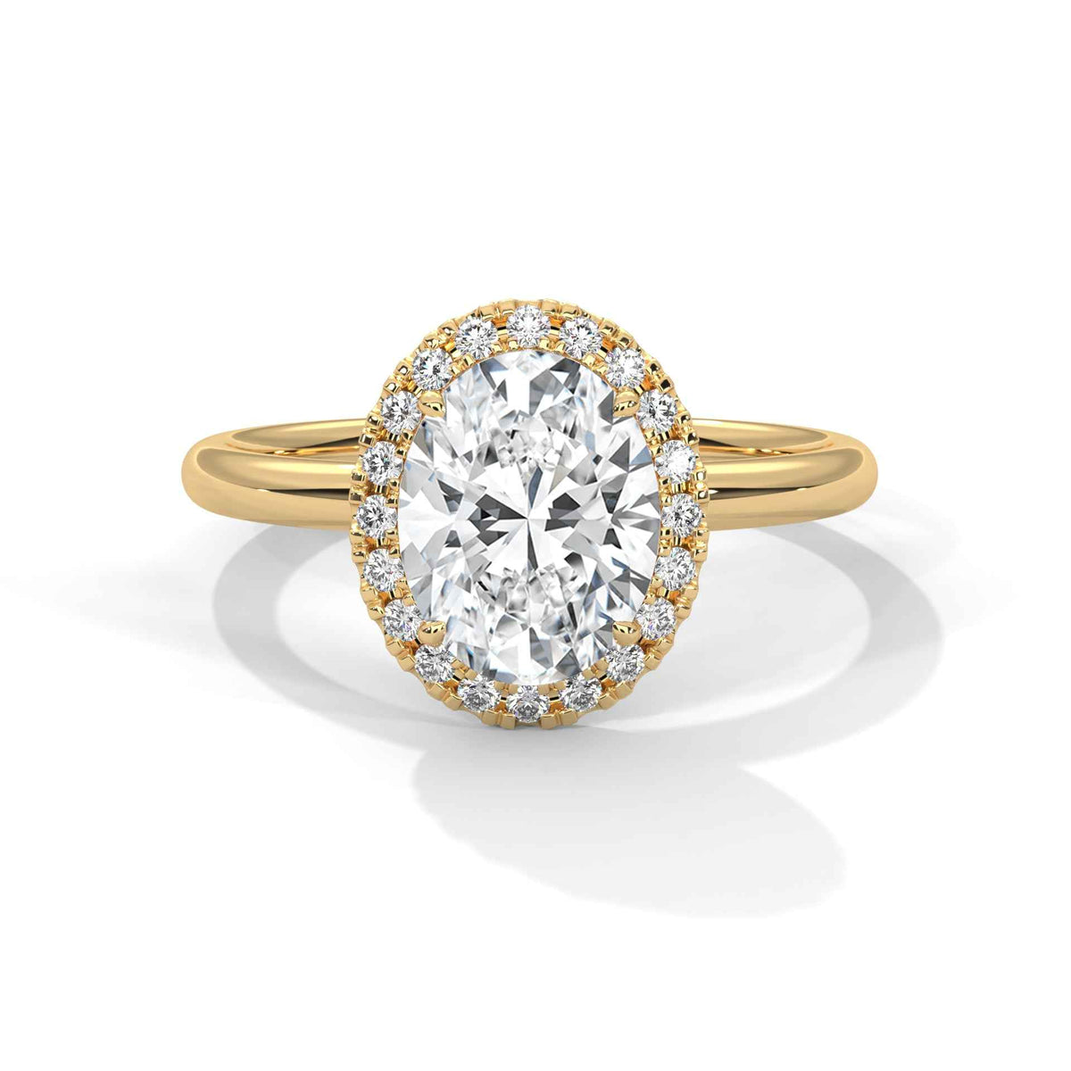 Rose gold ring with a large diamond and smaller diamonds on the band against a white background