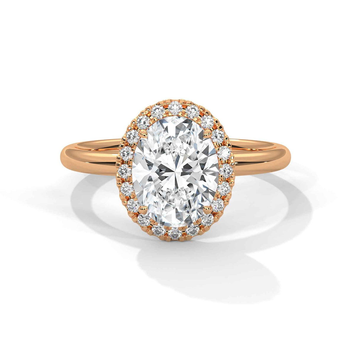 Rose gold ring with a large diamond and smaller diamonds on the band against a white background