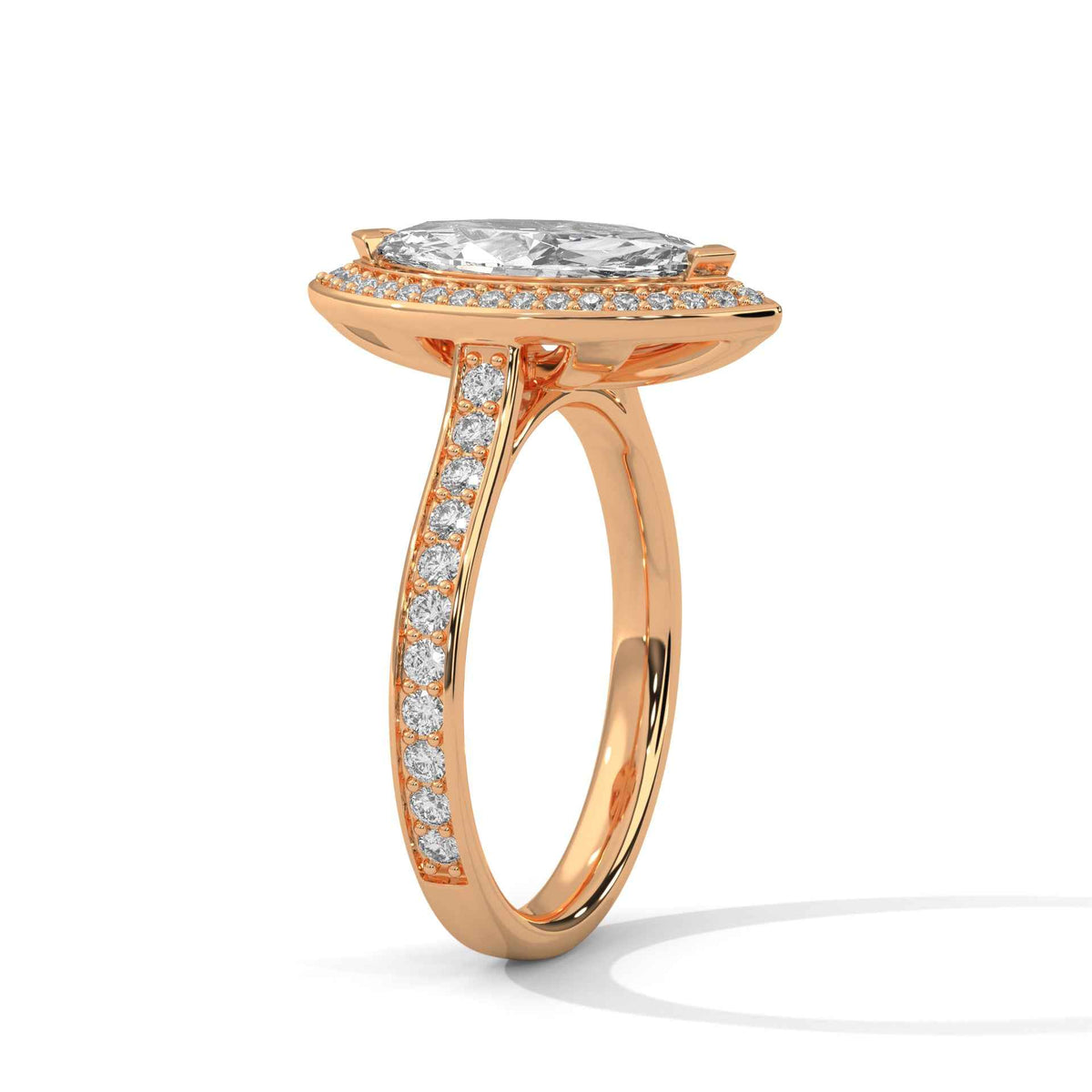 Rose gold ring with diamond accents on a white background