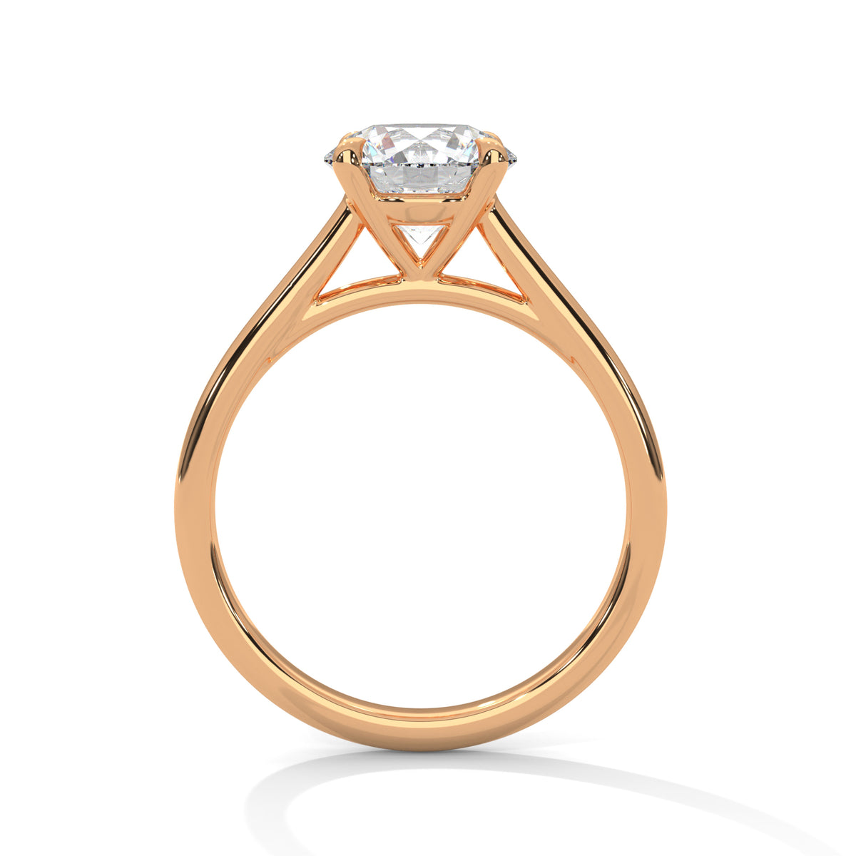 Rose gold ring with a diamond on a white background