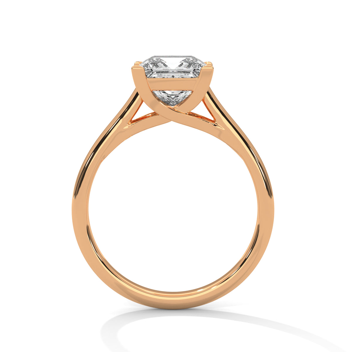 Rose gold ring with a diamond on a white background