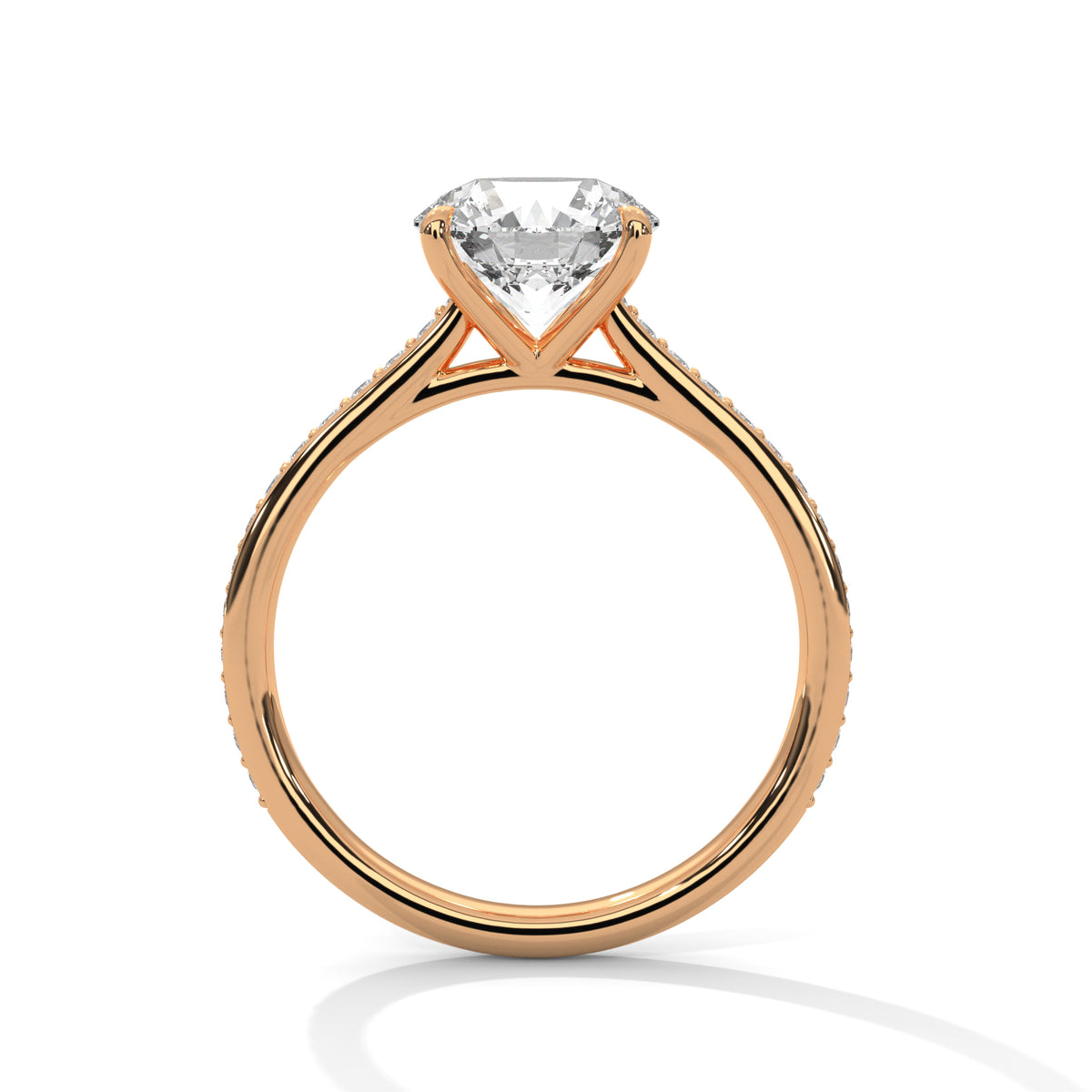 Rose gold ring with a diamond on a white background