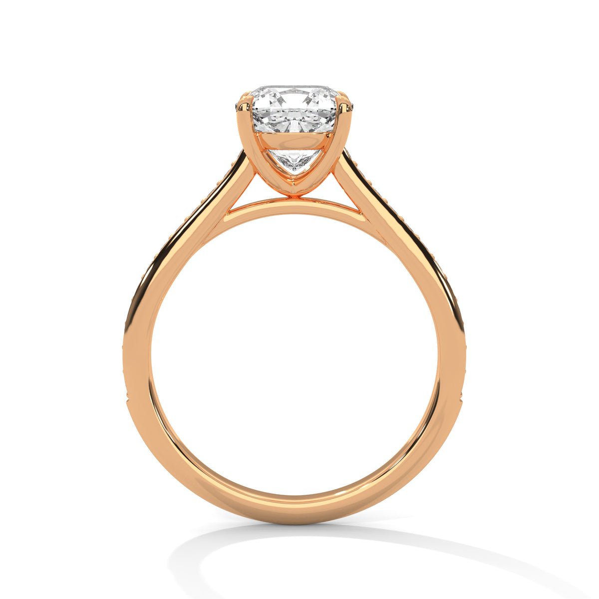 Rose gold ring with a diamond on a white background