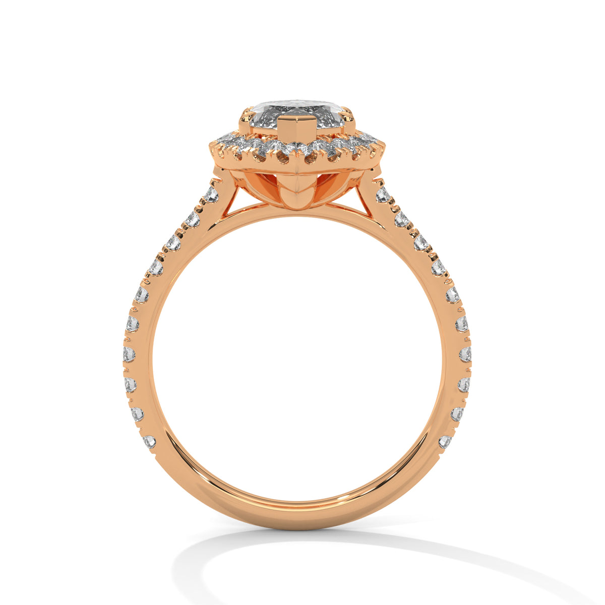 Rose gold ring with diamond accents on a white background