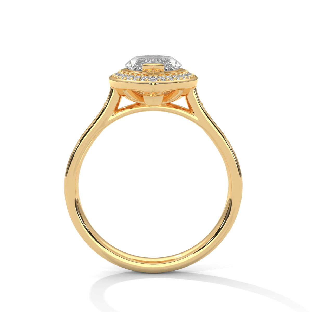 Gold ring with a diamond on a white background