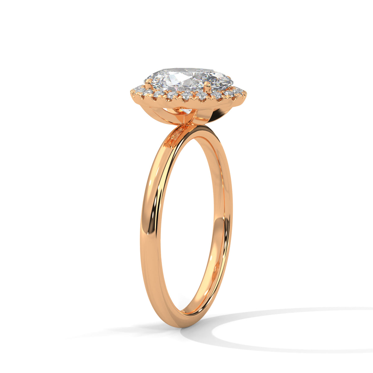 Rose gold ring with a diamond on a white background